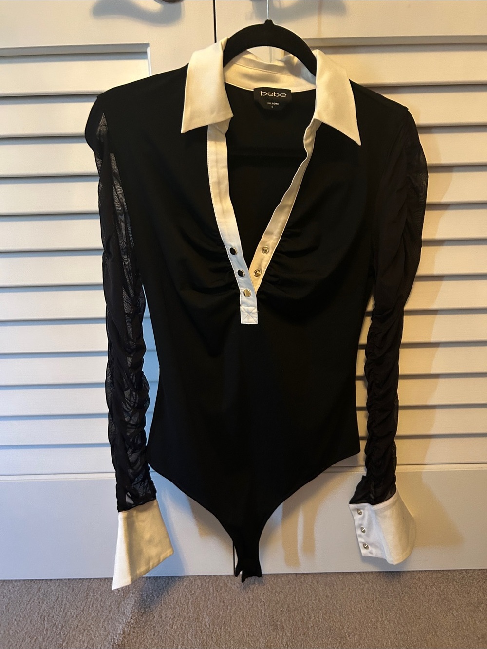bebe Black and White Long-Sleeve Ruched Mesh Bodysuit